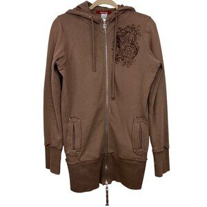 05' Billagong Brown Full zip Hoodie Burnt velvet detail Y2K Grunge Women Size L
